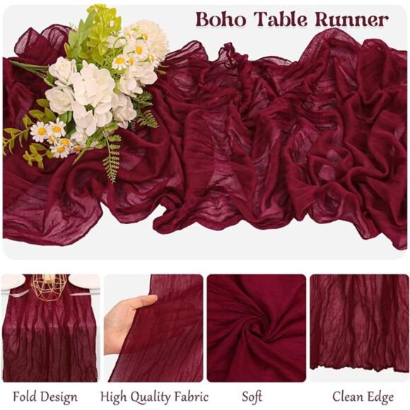 10 Pack Burgundy Cheesecloth Table Runner 10FT Boho Gauze Fabric Table Runner - Picture 3 of 7